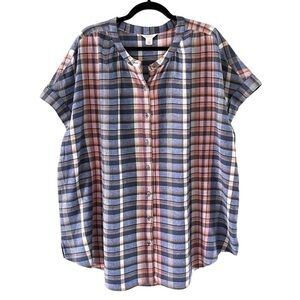 Caslon Plus Size Linen Rayon Blend Short Sleeve Plaid Top - Multicolor‌‌‌‌‌‌‍‍‍‍